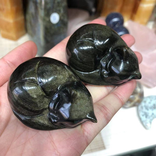 Crystal Semi-precious Stone Crafts Natural Carved Gold Sheen Obsidian Sleep Cats For Sale