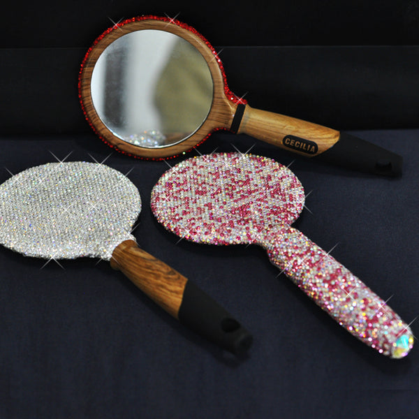 Handmade Rhinestone Makeup Mirror Wooden Portable Handle