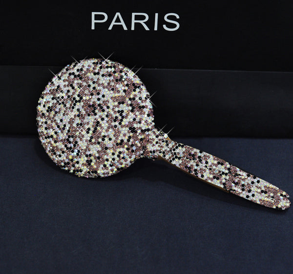 Handmade Rhinestone Makeup Mirror Wooden Portable Handle