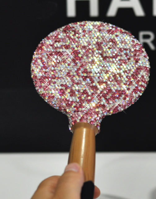 Handmade Rhinestone Makeup Mirror Wooden Portable Handle
