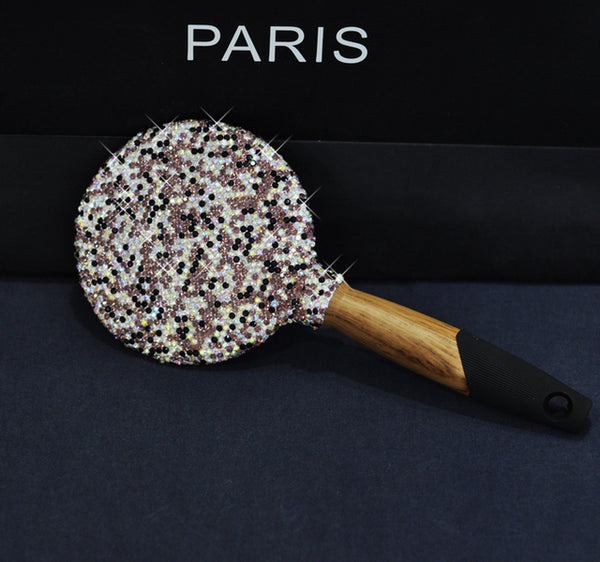 Handmade Rhinestone Makeup Mirror Wooden Portable Handle