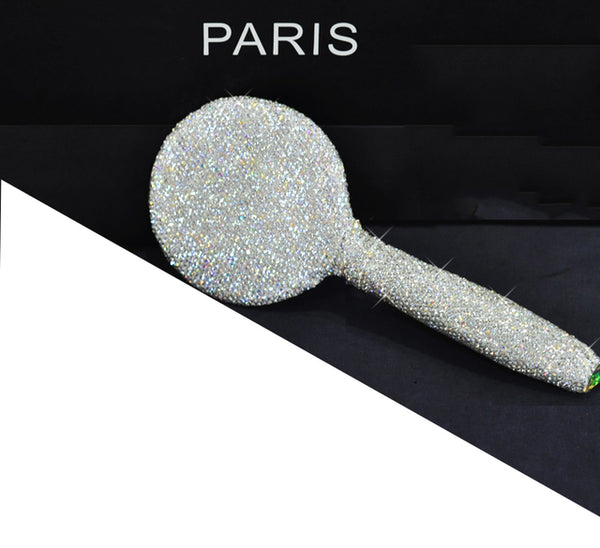 Handmade Rhinestone Makeup Mirror Wooden Portable Handle