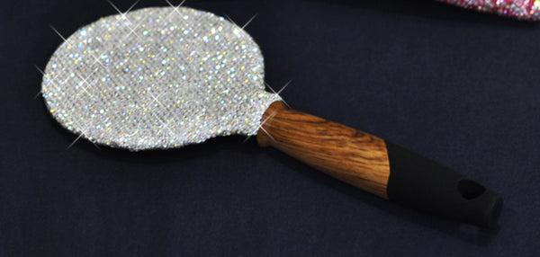 Handmade Rhinestone Makeup Mirror Wooden Portable Handle