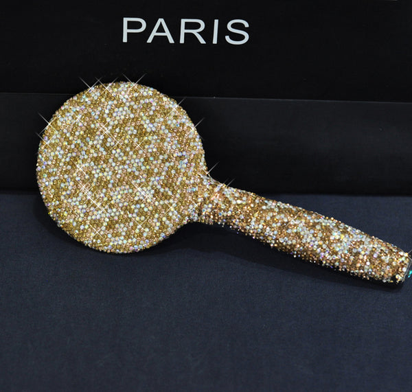 Handmade Rhinestone Makeup Mirror Wooden Portable Handle