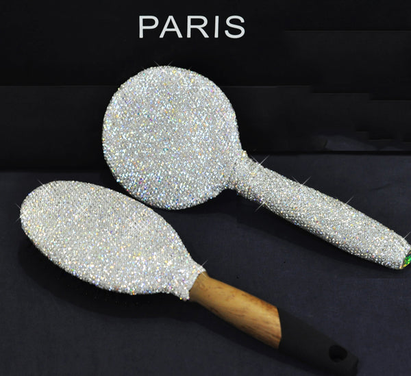 Handmade Rhinestone Makeup Mirror Wooden Portable Handle