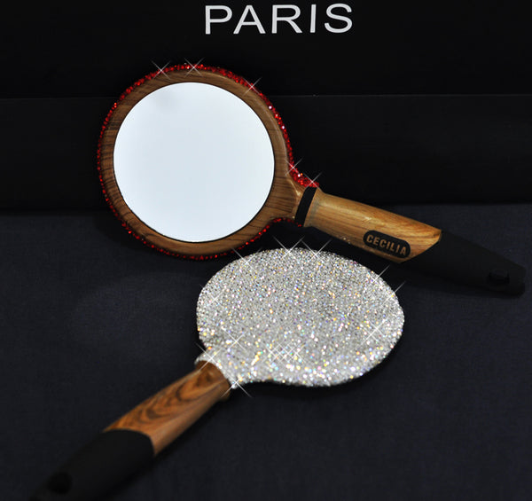 Handmade Rhinestone Makeup Mirror Wooden Portable Handle