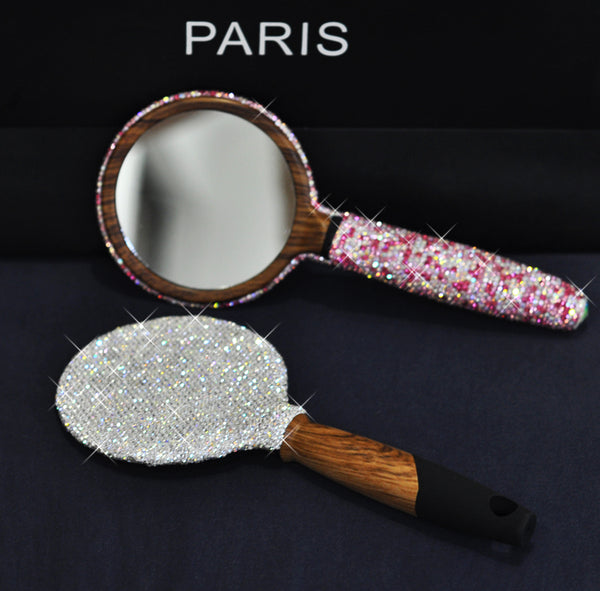 Handmade Rhinestone Makeup Mirror Wooden Portable Handle