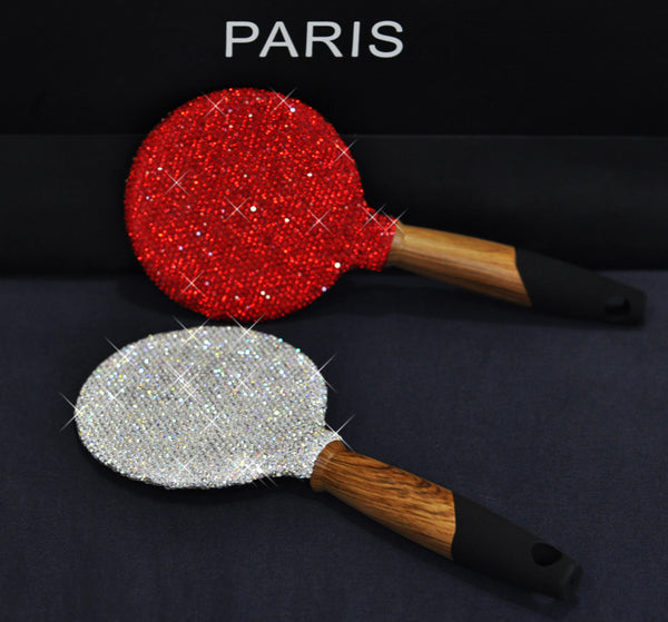 Handmade Rhinestone Makeup Mirror Wooden Portable Handle
