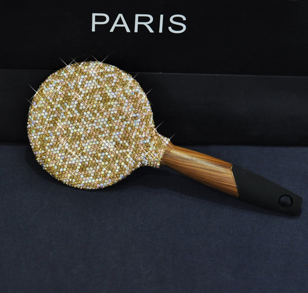 Handmade Rhinestone Makeup Mirror Wooden Portable Handle