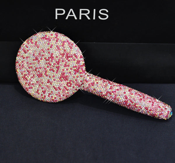 Handmade Rhinestone Makeup Mirror Wooden Portable Handle