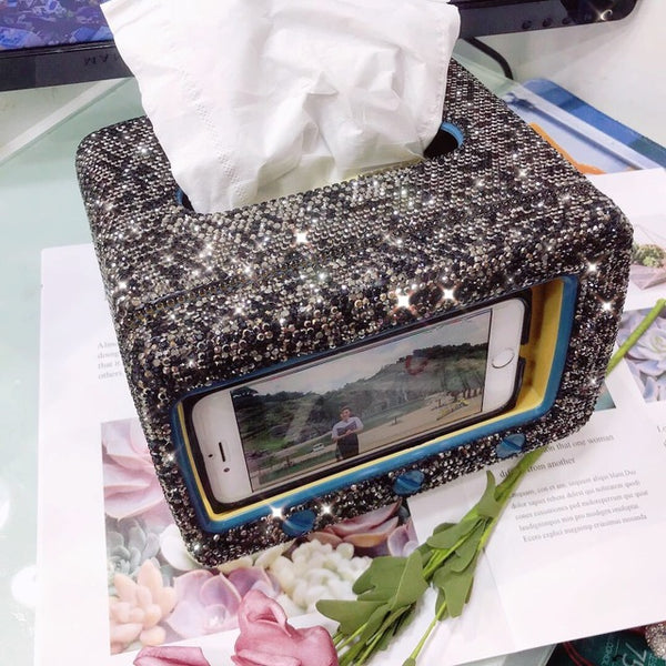 Diamond-encrusted Tissue Box Phone Holder