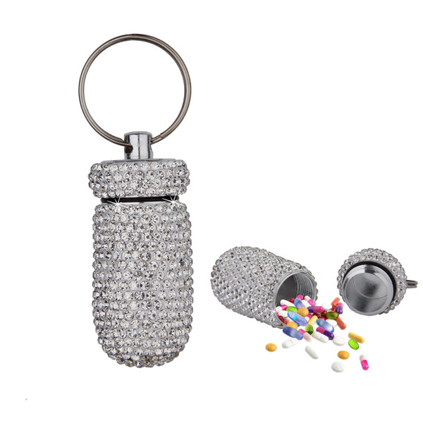 6.4cm Medicine Pill Case Box with Key Ring Keychain Pill Container Outdoor Waterproof Rhinestone Travel Tablet Pillbox Dispenser